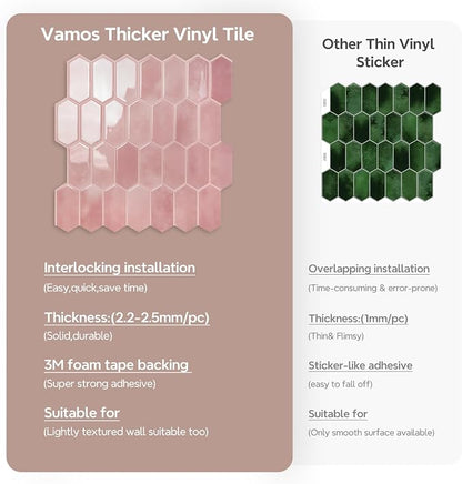 Vamos Tile Thicker Design Long Hexagon Peel and Stick Backsplash Tile | 10-Sheet Pink with Pink Grout Self Adhesive Wall Tiles Stick On Backsplash for Kitchen Bathroom RV Fireplace