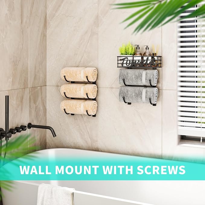 HapiRm Towel Racks for Bathroom Storage - 6 Tier Over The Door & Wall Mount Rolled Towel Storage Organizer Holder with Metal Shelf Basket for Small Bathroom, Camper, Rv - Black, Patented