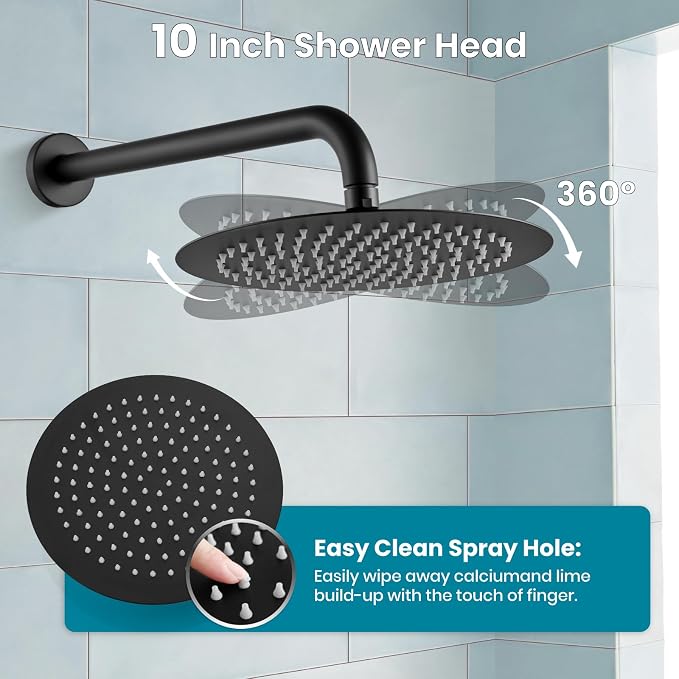gotonovo High Pressure Shower System Valve and Trim Kit,Matte Black | Round Rain 10 Inch Shower Head with Handheld Faucet Set Complete,Rough In Valve,2-in-1 Diverter,All Metal,Bathroom Wall Mount
