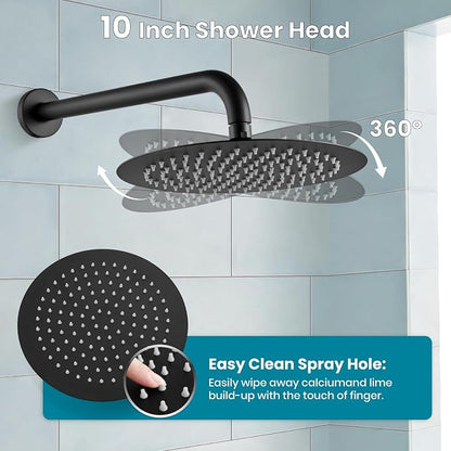 gotonovo High Pressure Shower System Valve and Trim Kit,Matte Black | Round Rain 10 Inch Shower Head with Handheld Faucet Set Complete,Rough In Valve,2-in-1 Diverter,All Metal,Bathroom Wall Mount