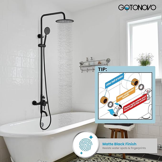 gotonovo Shower faucet Set Matte Black Triple Function with Adjustable Hand Sprayer and Tub Spout SUS 304 Stainless Steel 8 Inch Rainfall Shower Head Bathroom Shower Fixture Wall Mount Complete Set
