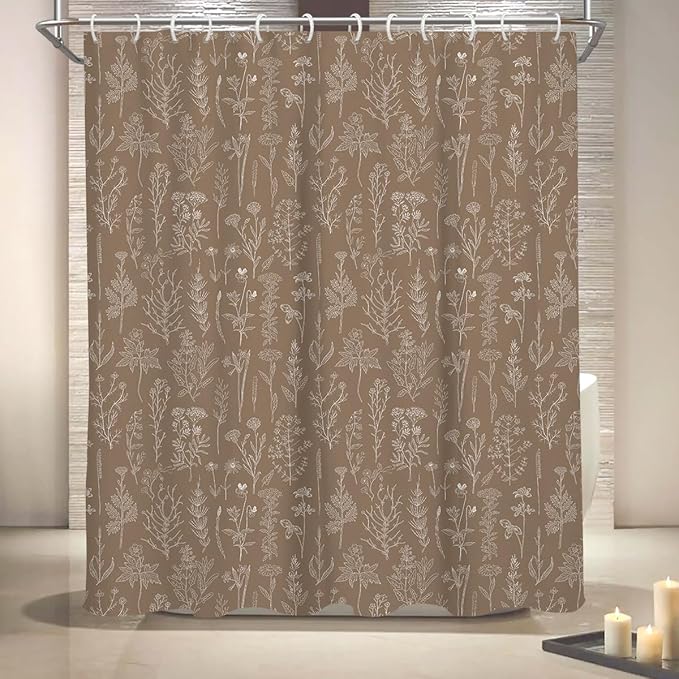 Coxila Brown Floral Shower Curtain Vintage Retro Flower Rustic Country Cute White Spring Wildflower Plant Botanical Cottagecore Leaf Mens Masculine Bathroom 60 x 72 Inch Polyester Fabric 12 Pack Hooks