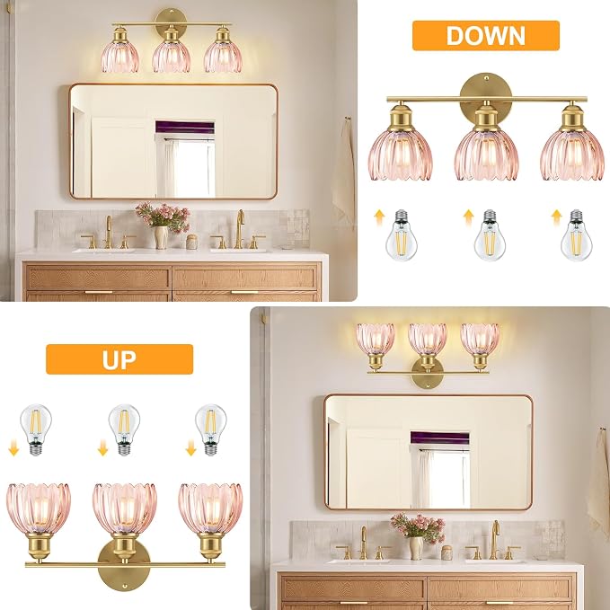 Bathroom Light Fixtures, 3-Light Brushed Gold Vanity Lights for Bathroom with Pink Tulip Glass Shade, 20" Vintage Bathroom Vanity Lighting Fixtures Over Mirror for Bedroom Living Room Hallway