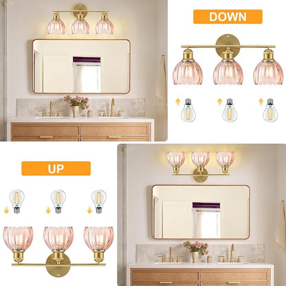 Bathroom Light Fixtures, 3-Light Brushed Gold Vanity Lights for Bathroom with Pink Tulip Glass Shade, 20" Vintage Bathroom Vanity Lighting Fixtures Over Mirror for Bedroom Living Room Hallway