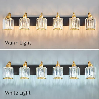 Modern Bathroom Vanity Light 6-Lights Black Gold Crystal Bathroom Wall Light Vanity Light Fixtures with Round Shade (Exclude Bulb)