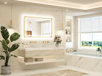 48 x 30 Large Bathroom Mirror Brushed Gold Metal Frame Frontlit & Backlit Vanity Mirror 3 Colors White/Warm/Natural Stepless Dimmable Anti-Fog Bathroom Mirrors for Vanity Wall-Mounted