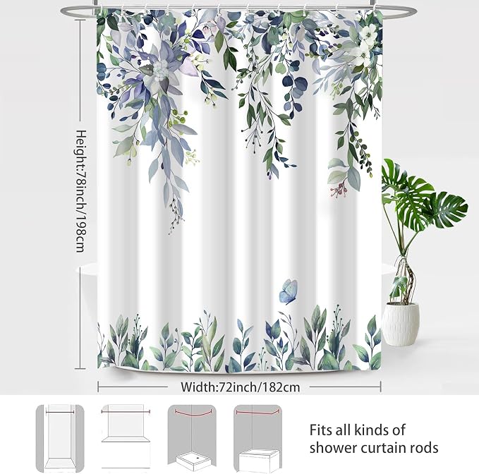 Dark Green Floral Eucalyptus Shower Curtain with Hooks, 72x78 Inch | Waterproof Fabric, Watercolor Leaves and Floral, Botanical Style, Machine Washable, Quick-Drying, for Hotel Bathroom