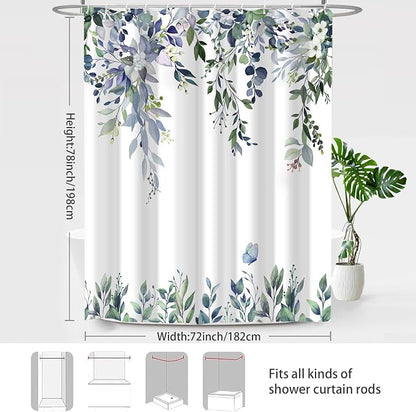 Dark Green Floral Eucalyptus Shower Curtain with Hooks, 72x78 Inch | Waterproof Fabric, Watercolor Leaves and Floral, Botanical Style, Machine Washable, Quick-Drying, for Hotel Bathroom
