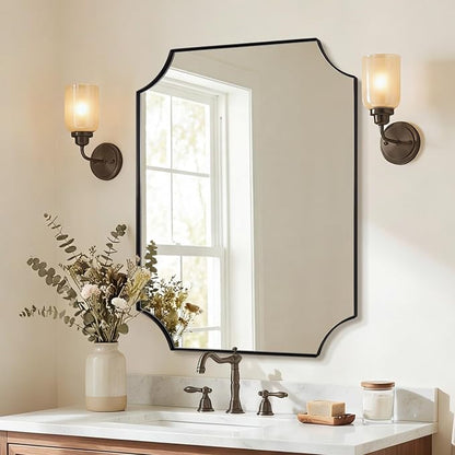 Bathroom Vanity Mirror, 28x36 Inch Matte Black Mirror, Modern Scalloped Mirrors for Bathroom, Unique Wall Mirror with Aesthetic Scalloped Corner Design