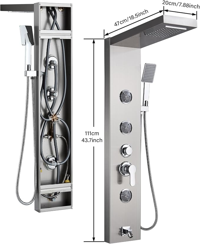 AlenArt Shower Panel Massage Jets Rainfall Waterfall Shower Head, Shower Stainless Steel Wall Mount Massage Multi-Function Bathroom Shower Panel Tower System, Brushed Nickel……