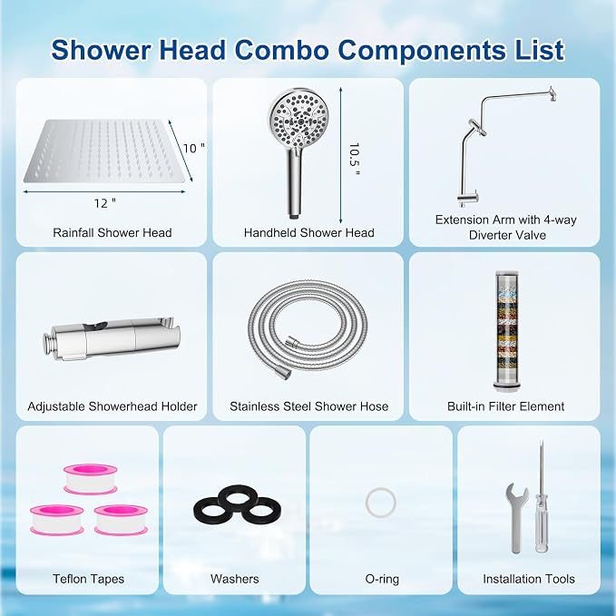 Metal 12" Rain Showerhead with 10-Spray Handheld, Easy Reach 4-way Diverter | NSF/ANSI/CAN 372 Certified, Chrome, High Pressure Shower Head with Pause Mode, 71" Stainless Steel Hose/12" Extension Arm