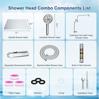 Metal 12" Rain Showerhead with 10-Spray Handheld, Easy Reach 4-way Diverter | NSF/ANSI/CAN 372 Certified, Chrome, High Pressure Shower Head with Pause Mode, 71" Stainless Steel Hose/12" Extension Arm