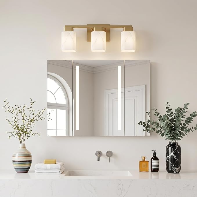 3-Light Square Bathroom Light Fixture, Gold Modern Vanity Light with White Marble Glass Shade, for Bathroom Mirror, Living Room, Bedroom, Hallway, E26 Base