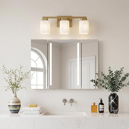 3-Light Square Bathroom Light Fixture, Gold Modern Vanity Light with White Marble Glass Shade, for Bathroom Mirror, Living Room, Bedroom, Hallway, E26 Base