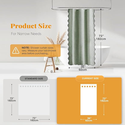 BTTN Boho Stall Shower Curtain, 36x72 Half Scalloped Linen Textured Heavy Duty Fabric Shower Curtain Set with 6 Hooks, Small Rustic Farmhouse Waterproof Cloth Shower Curtain for Bathroom, Sage Green