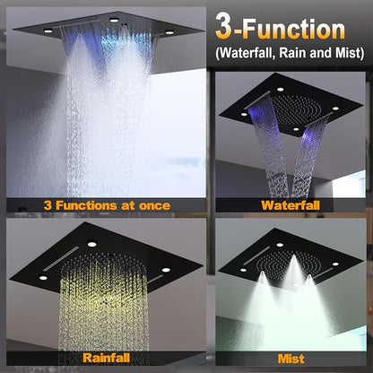 Enga Luxury Dual Shower Head System with Body Jets LED Thermostatic Shower System with 6 inch Wall Shower, 20-Inch 3 Function Shower Head (Rainfall & Mist & Waterfall), Matte Black