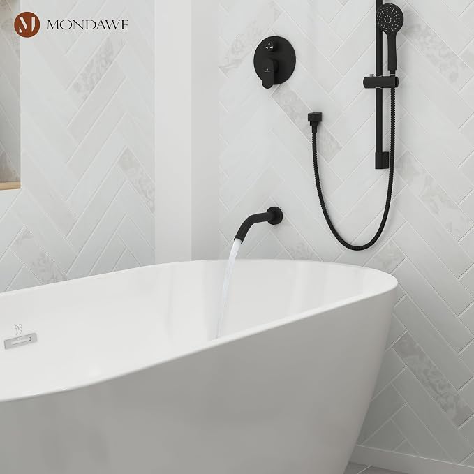 MONDAWE 9 Inch Wall Mounted Shower Faucet Set with Tub Spout in Matte Black, Rainfall Shower Head with 3-Setting Handheld Spray Shower Combo, High Pressure Shower System with Solid Brass Valve