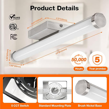 LEDVANCE Sylvania 24" Modern Vanity Lights for Bathroom, 22W, 5 Temperature Select (2700K/3000K/3500K/4000K/6000K), Dimmable, Round Shape, Brush Nickel, with Accessories - 1 Pack (66560)