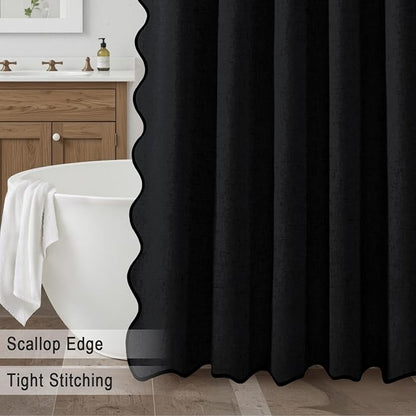 Scalloped Shower Curtain Linen Boho Flax Black 72" W x 84" L | Linen Fabric, Black Border, Washable, Heavy Duty Cloth, Shower Curtain for Boho Farmhouse Bathroom Bathtub