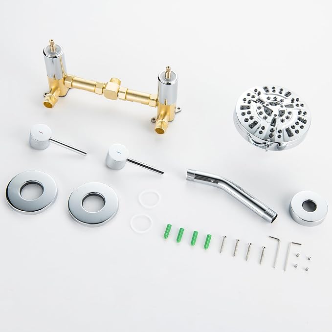 Chrome 2 Handle Shower faucet Set with 8 Mode Shower Head, Two Handles Bathroom Shower Faucet Trim Kit with Brass Rough-in Valve, Wall Mounted