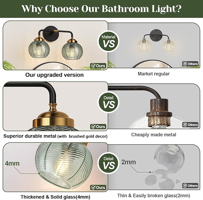 Bathroom Light Fixtures, 2-Light Green Vanity Lights with Unique Leaf Texture Glass Shade, Modern Matte Black and Gold Bathroom Wall Lamp for Mirror Hallway Cabinet Living Room