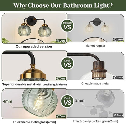 Bathroom Light Fixtures, 2-Light Green Vanity Lights with Unique Leaf Texture Glass Shade, Modern Matte Black and Gold Bathroom Wall Lamp for Mirror Hallway Cabinet Living Room