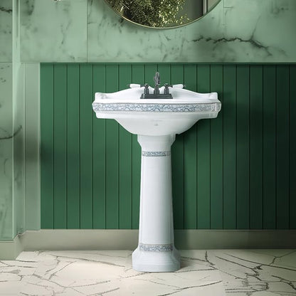 Renovators Supply Manufacturing India Reserve 23" W x 34.25" H x 18.5" Proj. Ornate Blue Gold Bathroom Pedestal Sink, Vitreous China, Compatible with 4 in. Centerset Faucets