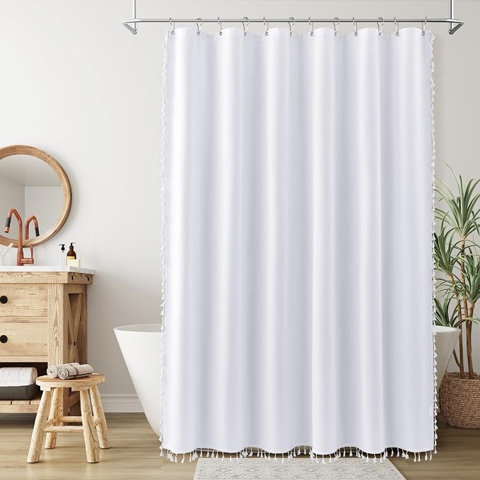 Extra Long White Boho Linen Shower Curtain 96 Inches Tassel Neutral Textured Cloth Shower Curtain Set with Hooks Rustic Elegant Shower Curtain for Bathroom Water Repellent 72x96, White