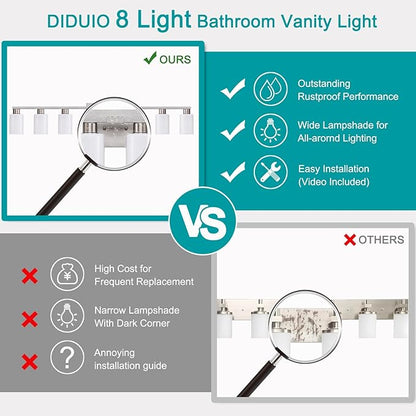 8-Light Bathroom Vanity Light Brushed Nickel Bathroom Light Fixtures 8 Light Vanity Lights for Wide Mirrors Nickel 8-Light Long Wall Sconce with Milky White Frosted Glass Shades for Bath Living Room