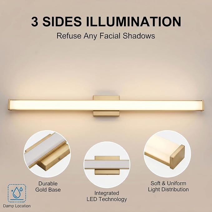 URSOLA 48" Modern LED Bathroom Light Fixtures, Golden 3CCT Dimmable Bathroom Vanity Light Over Mirror, Bathroom Vanity Bath Bar Lights with Double Layer Acrylic Shade