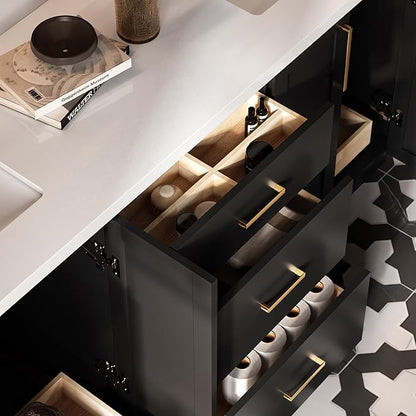 ARIEL Loren 72-inch Bathroom Vanity with Sink,Solid Wood, 1.5-inch Pure White Quartz Countertop, Double Rectangular Porcelain Sink, 4 Soft Closing Doors, 3 Dovetail Drawers, Black