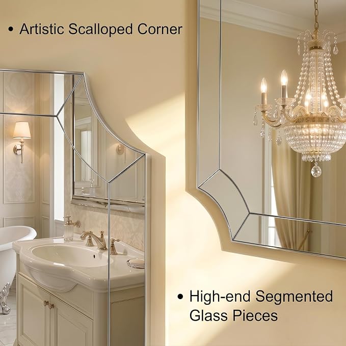 Chrome Bathroom Mirror, 24x36 Inch Polished Chrome Rectangle Mirror, Silver Vanity Mirror for Bathroom with Unique Scalloped Design, Ideal for Home Decor, Rust-Proof SUS304 Frame