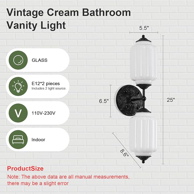 Vintage Milk Glass Bathroom Vanity Light, 2-Light Vintage Wall Sconce with Antique Brass Finish Base & White Glass Shad, Wall Sconce Lighting for Mirror, Living Room, Gallery (Bulbs Included)