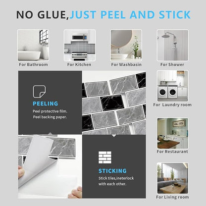 URCOLOR 10-Sheet Peel and Stick Backsplash Tile Sticker for Kitchen,12"x12" Self Adhesive Subway Wall Tiles Stick on Back Splashes for Bathroom Gray Black Marble Design