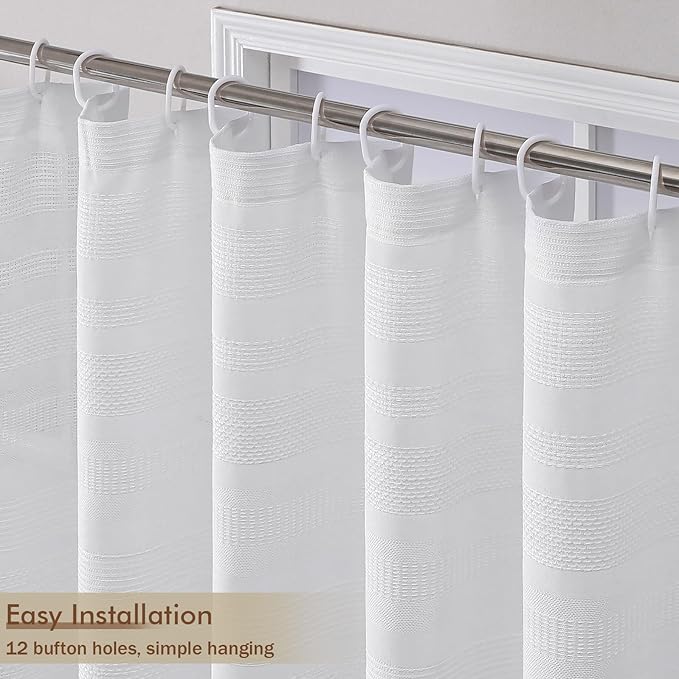 White Shower Curtain 78 Inch Long, Boho Farmhouse Thick Striped Fabric Hotel Shower Curtain with Tassel, Minimalist Textured Weighted Machine Washable Bathroom Decor, 72Wx78L Inches