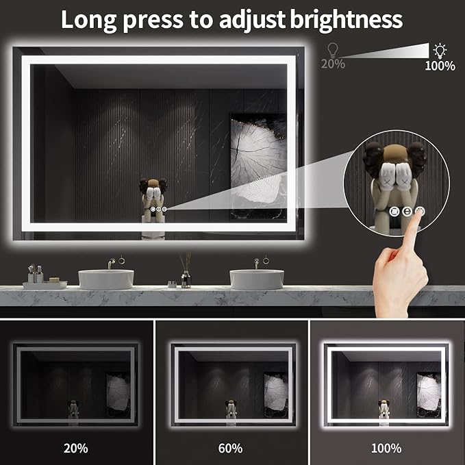 LOAAO 60X40 LED Bathroom Mirror with Lights, Anti-Fog, Dimmable, Backlit + Front Lit, Lighted Bathroom Vanity Mirror for Wall, Memory Function, Tempered Glass, ETL Listed | Anti-Fog, Dimmable, 3 Color Temperature, Backlit + Front Lit, Memory Function, ...