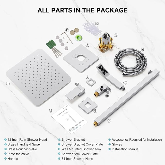 SR SUN RISE Shower Faucet Set & System - 12 Inch Rainfall Shower Head & Handle Set Wall Mounted Polished Chrome Solid Brass Valve Trim Kit Included