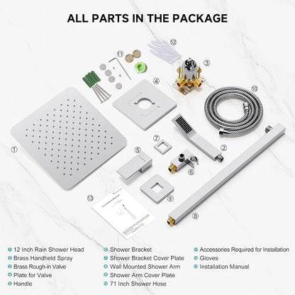 SR SUN RISE Shower Faucet Set & System - 12 Inch Rainfall Shower Head & Handle Set Wall Mounted Polished Chrome Solid Brass Valve Trim Kit Included