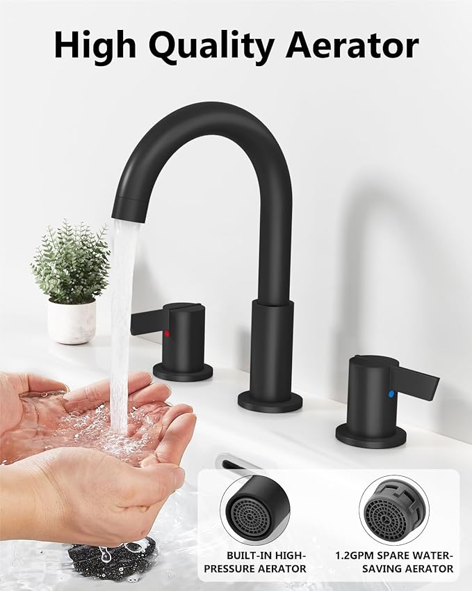 Bathroom Sink Faucet 3 Hole 8 Inch Widespread 2-Handle Vanity Faucet SUS304 Stainless Steel with Pop-Up Drain and Supply Lines Matte Black