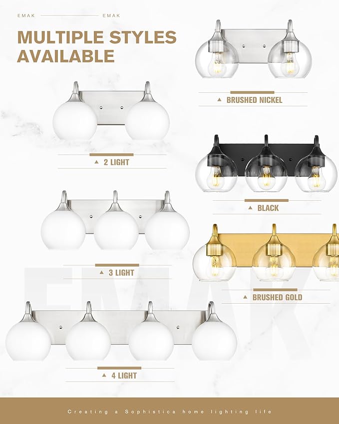 Emak Globe Bathroom Light Fixtures, Brushed Nickel Vanity Lights with Milk Glass Shade, Modern 2-Light Bathroom Vanity Lights Over Mirror, VL118-BN-ML-2