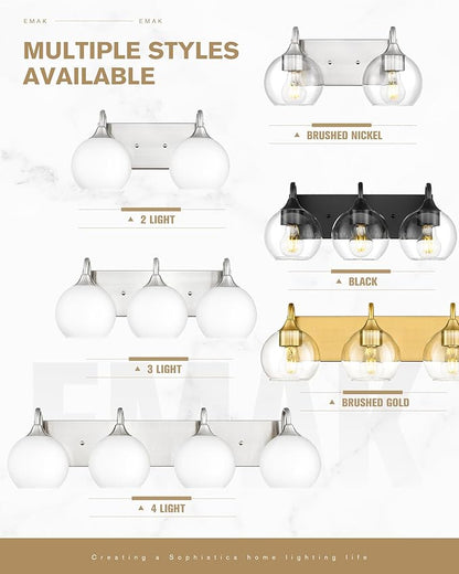 Emak Modern 4-Light Bathroom Lighting Fixtures Over Mirror, Brushed Nickel Vanity Light with Milk Glass Shade, 29 Inch Globe Vanity Lights for Bathroom, Mirror, VL118-BN-ML-4