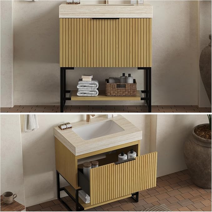 30" Freestanding Bathroom Vanity with Sink, Bathroom Vanity with Sintered Stone Top & Undermount Ceramic Basin, Pre-Assembled Striped Bathroom Storage Cabinet with Drawer & Open Shelf, Oak