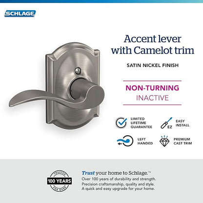 Schlage F170 ACC 619 CAM LH Left Handed Accent Door Lever with Camelot Trim, One Sided Non-Turning Dummy Door Handle, Satin Nickel