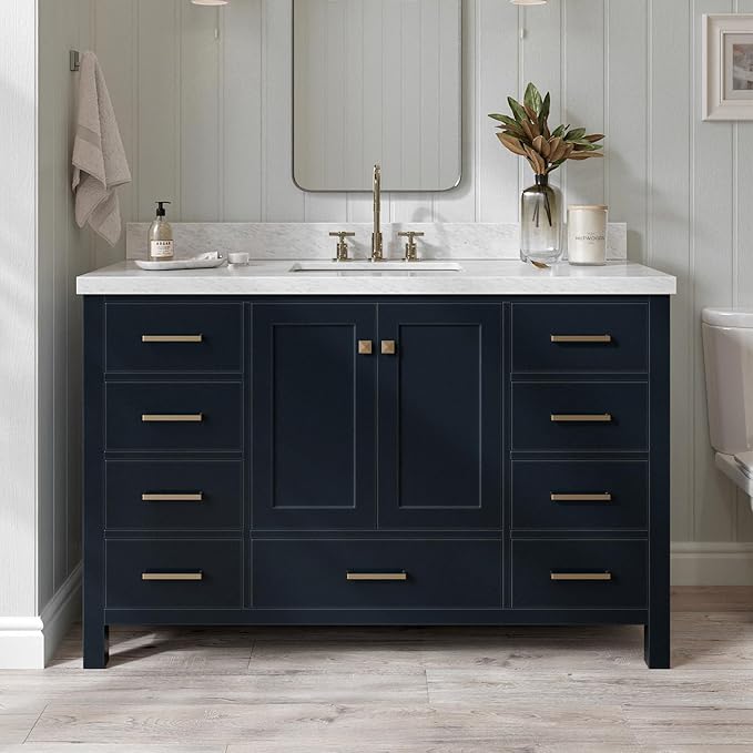 ARIEL Cambridge 54-inch Bathroom Vanity with Sink,Solid Wood, 1.5-inch Italian Carrara Marble Countertop, Single Rectangular Porcelain Sink, 2 Soft Closing Doors, 9 Dovetail Drawers, Midnight Blue