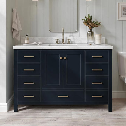 ARIEL Cambridge 54-inch Bathroom Vanity with Sink,Solid Wood, 1.5-inch Italian Carrara Marble Countertop, Single Rectangular Porcelain Sink, 2 Soft Closing Doors, 9 Dovetail Drawers, Midnight Blue