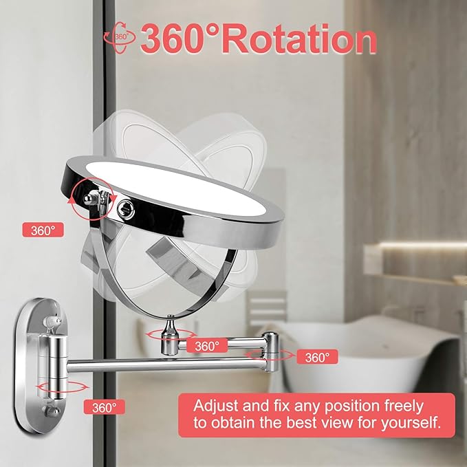 FUNTOUCH 5000mAh Rechargeable Wall Mounted Lighted Makeup Mirror 1X30X | Double Sided 1X 30X Magnifying, 3 Color Lighting, Touch Screen Dimming, Extended Arm 360 Rotation Shaving Bathroom Mirror