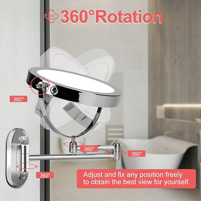 FUNTOUCH 5000mAh Rechargeable Wall Mounted Lighted Makeup Vanity Mirrors, Double Sided 1X 30X Magnifying, 3 Color Lighting, Touch Screen Dimming, Extended Arm 360 Rotation Shaving Bathroom Mirror