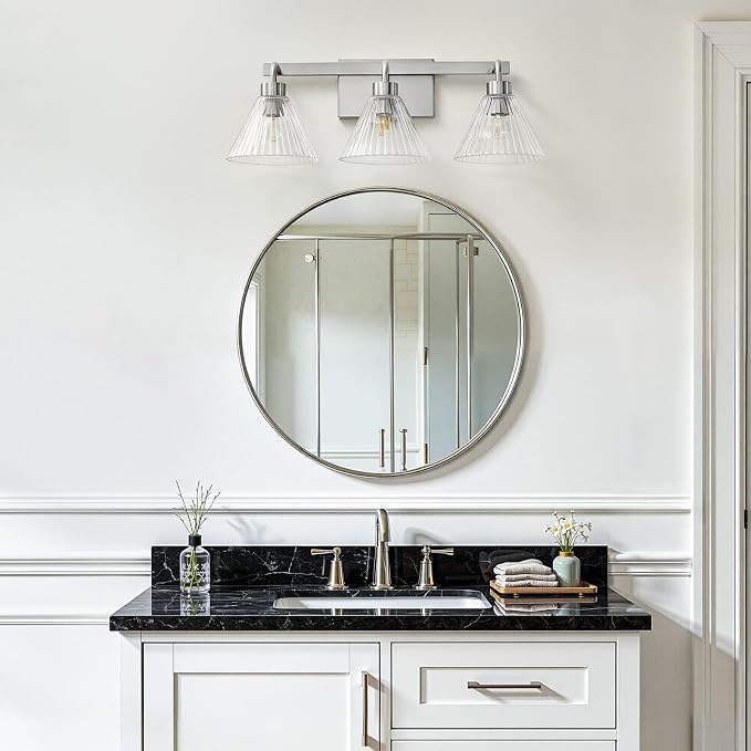 AIJIASI 3-Light Bathroom Light Fixtures Brushed Nickel Vanity Lights for Bathroom with Ribbed Glass Shade 24 Inch Bathroom Lighting Fixtures Over Mirror Wall Sconce Light for Restroom
