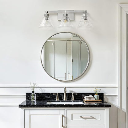 AIJIASI 3-Light Bathroom Light Fixtures Brushed Nickel Vanity Lights for Bathroom with Ribbed Glass Shade 24 Inch Bathroom Lighting Fixtures Over Mirror Wall Sconce Light for Restroom