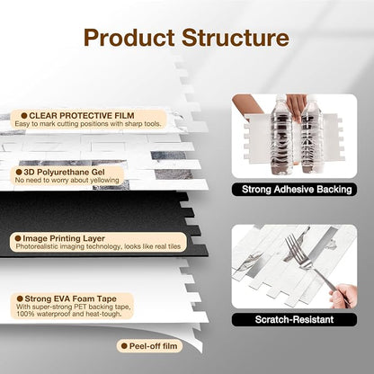 Peel and Stick Backsplash Tile Waterproof Removable PVC Wall Sticker 3D Faux Stone Marble Brick White Accent Panels (White Marble - Metal Silver, 20 Tiles - 9 sq. ft. (0.84 M²))